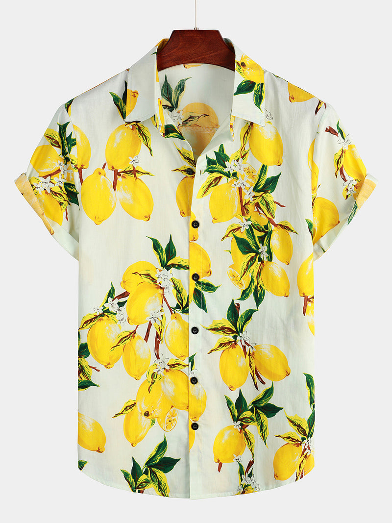 Camisa de hombre hawaiana de manga corta con estampado de limones amarillos tropicales