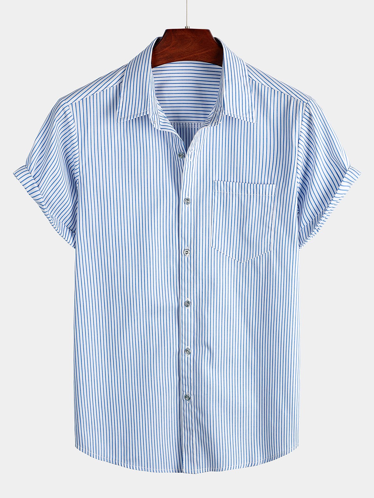 Camisa de rayas con bolsillo y manga corta para hombre