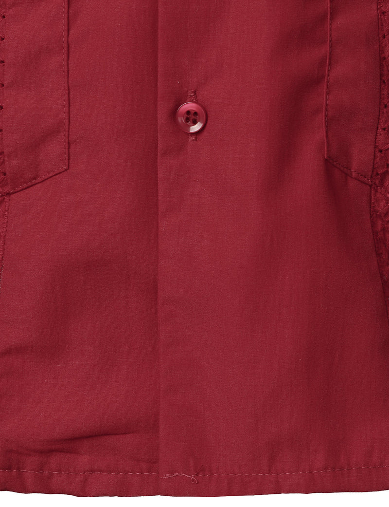 Camisa guayabera cubana de manga corta roja con bolsillo para hombre