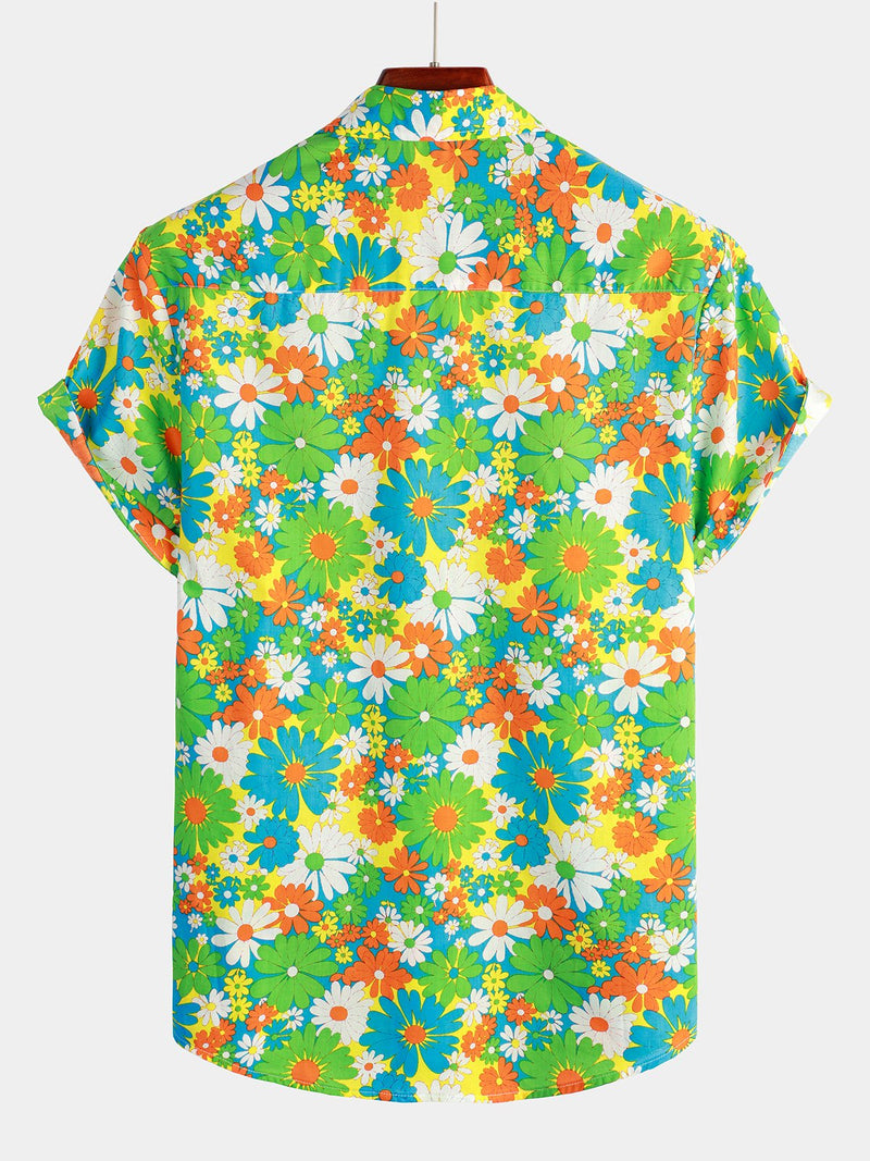 Camisa hawaiana tropical de algodón floral verde para hombres