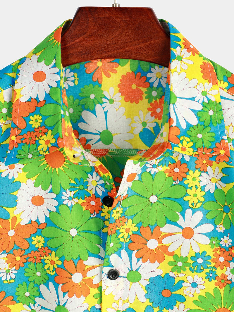 Camisa hawaiana tropical de algodón floral verde para hombres