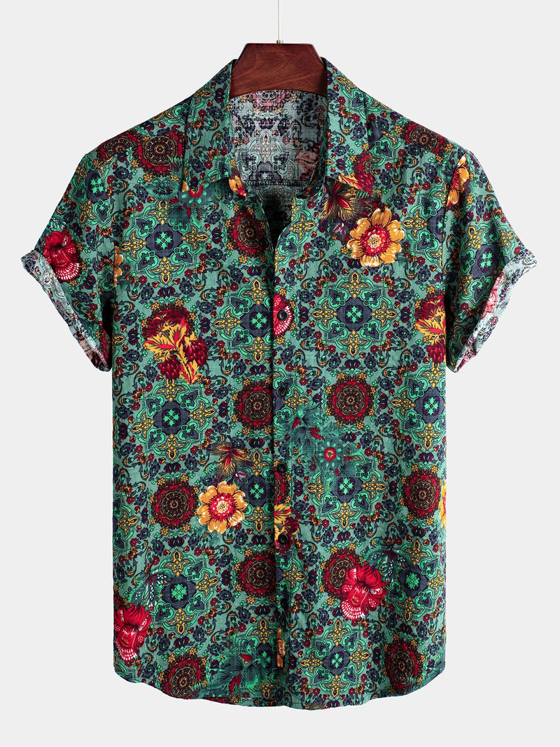 Camisa hawaiana de algodón de manga corta con estampado floral vintage para hombres ideal para el verano