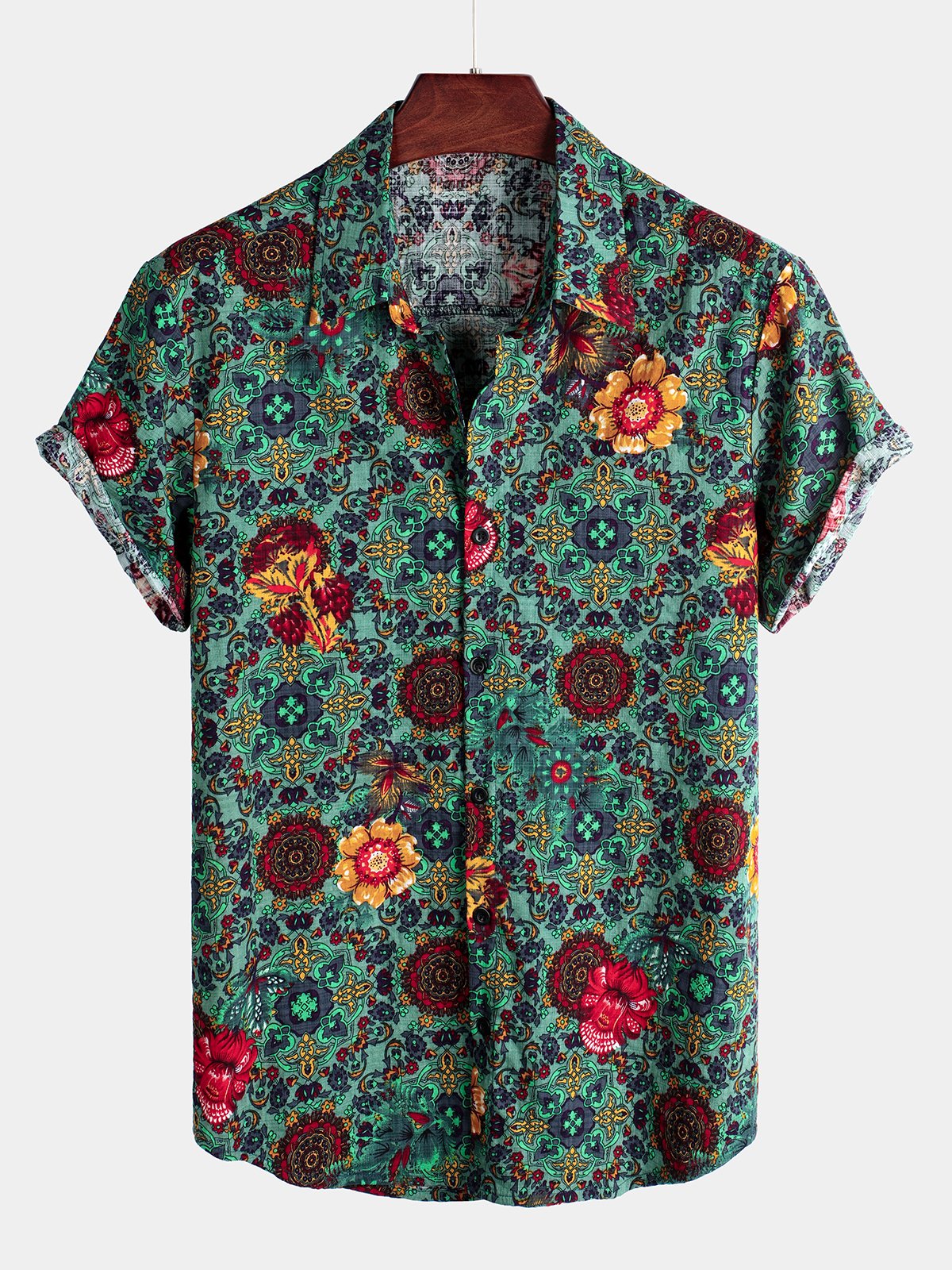 Camisa hawaiana de manga corta de algodón con estampado floral vintage para hombre