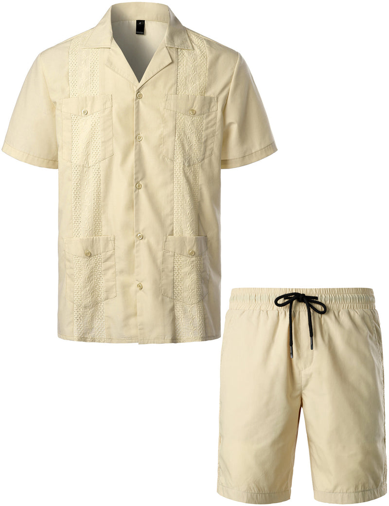 Conjunto de camisa y pantalones cortos a juego de guayabera cubana de manga corta con botones para hombres en tallas grandes