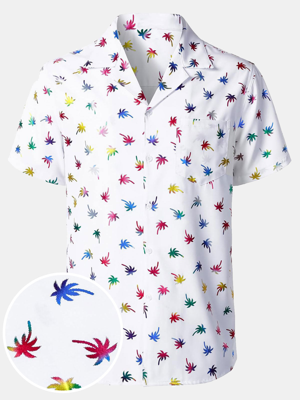 Camisa de manga corta con cuello cubano y estampado tropical colorido para hombre