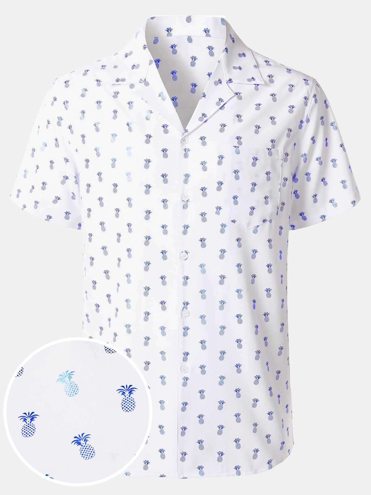 Camisa de manga corta con cuello cubano y estampado de piña azul para hombre