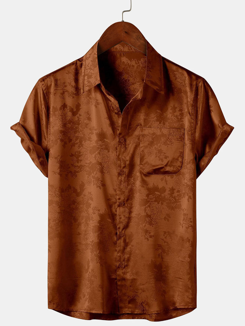 Camisa de manga corta con estampado floral de satén de seda y bolsillo en jacquard marrón para hombre