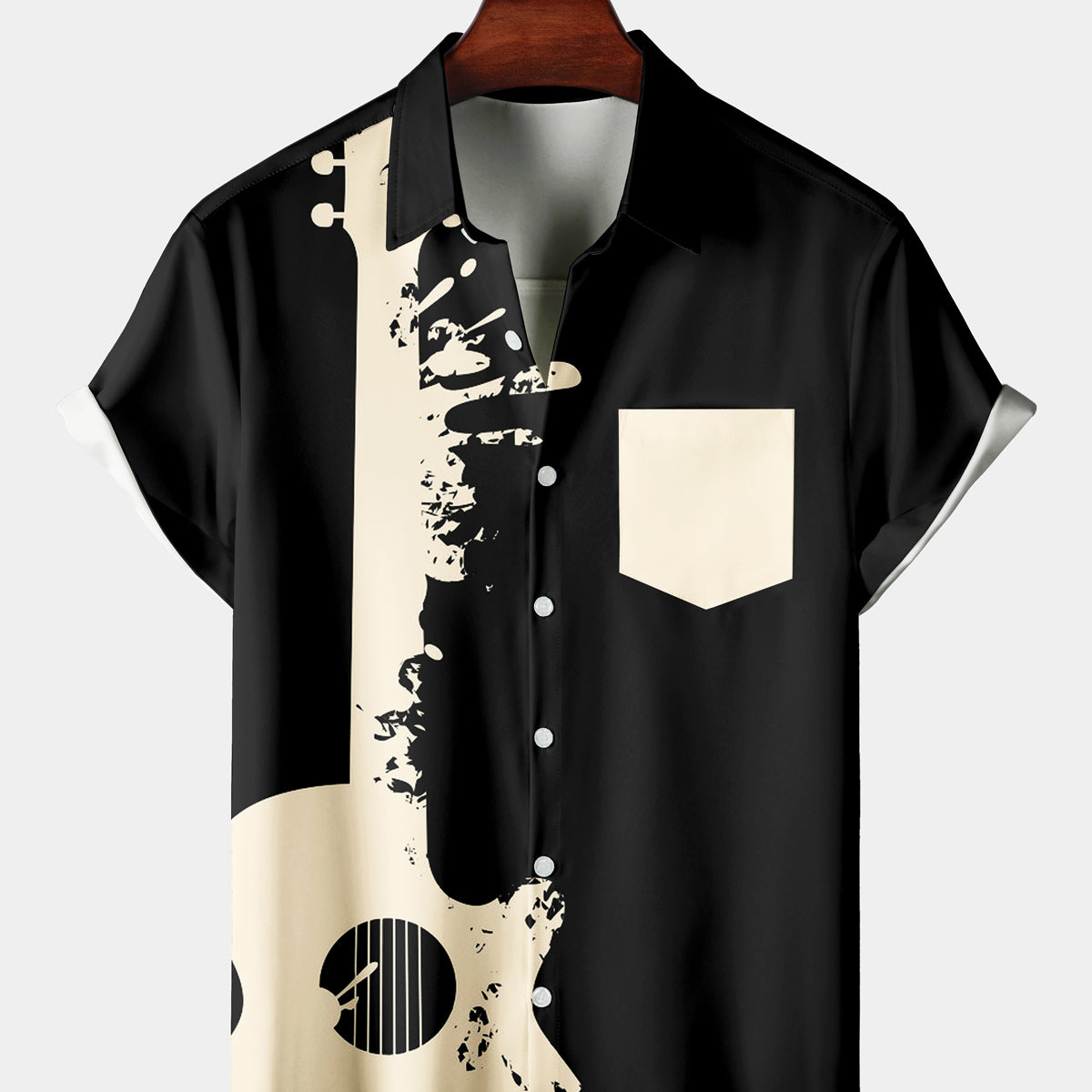 Men's Retro Casual Music Black Bowling Short Sleeve Shirt