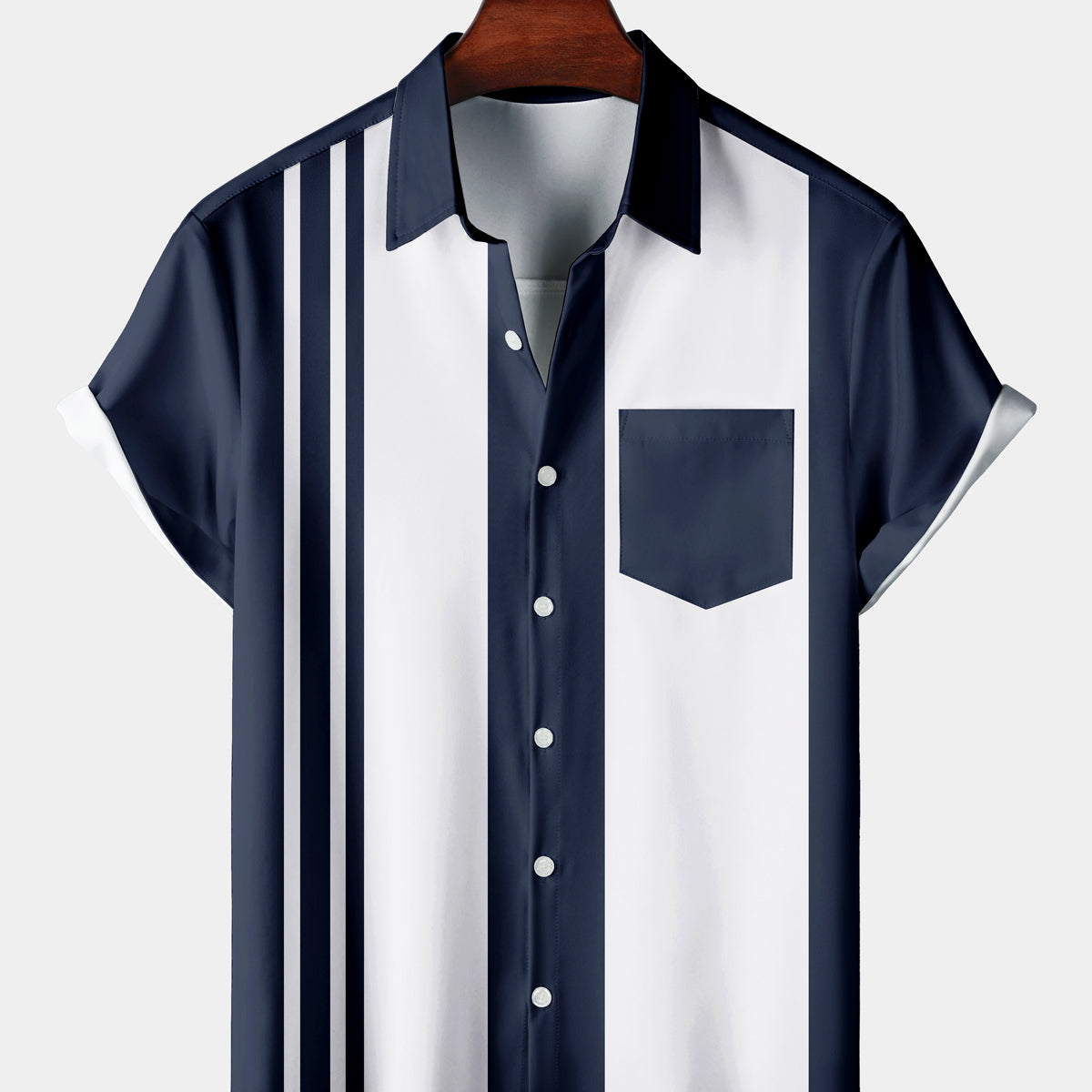 Men's Retro Casual Navy Blue Bowling Short Sleeve Shirt