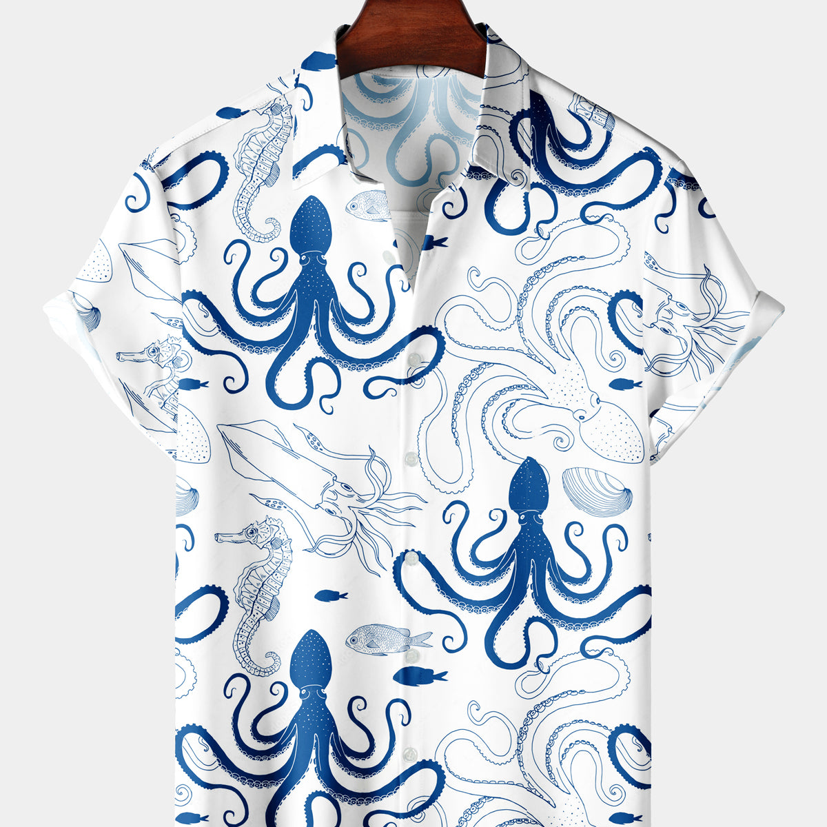Men's Casual Marine Life Print White Short Sleeve Shirt