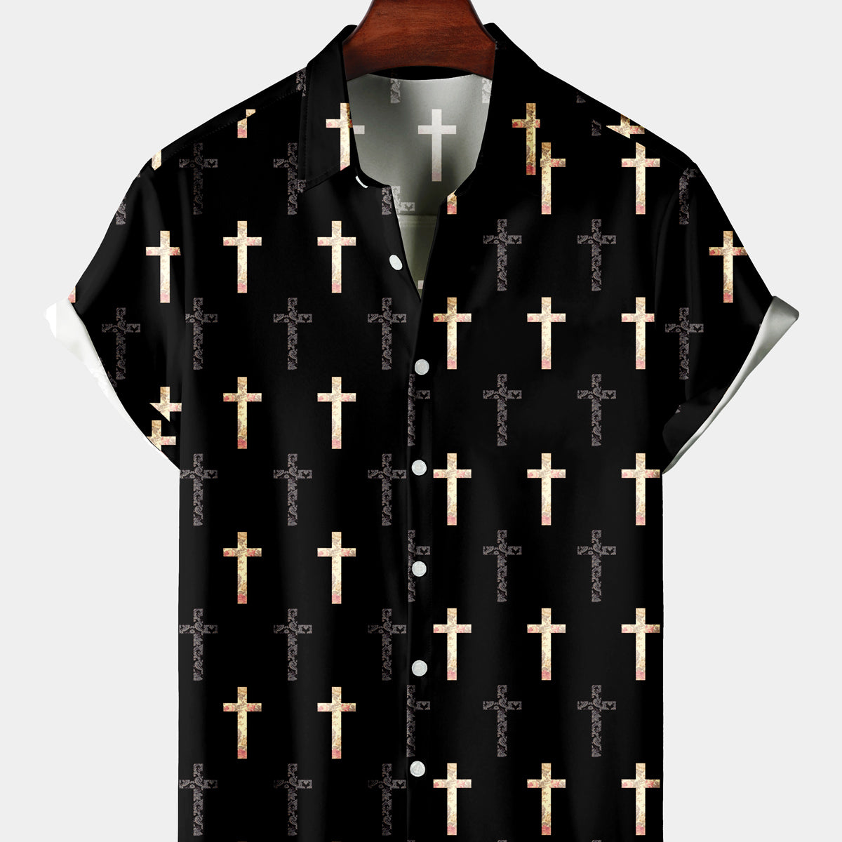 Men's Casual Cross Print Black Short Sleeve Shirt