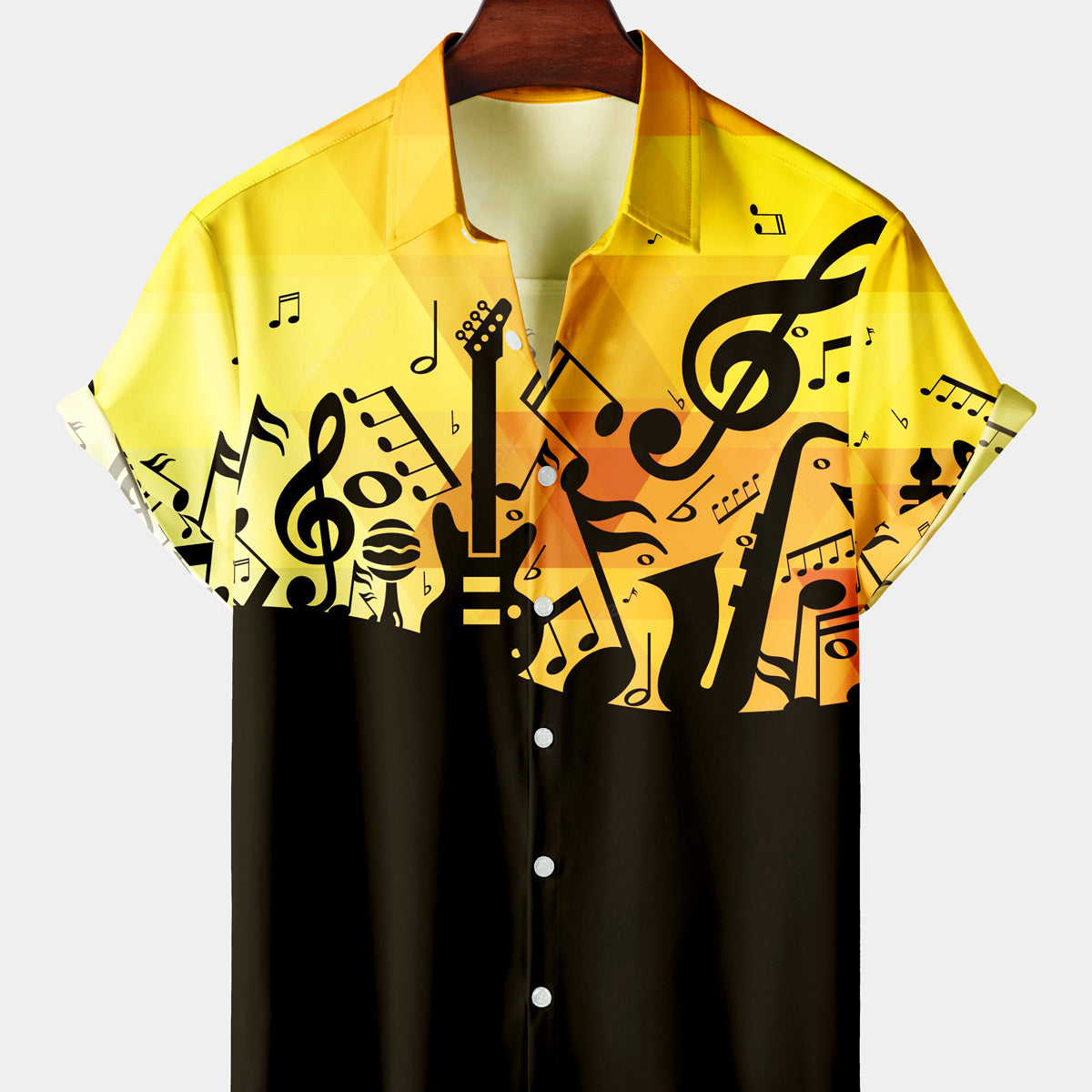 Men's Casual Yellow Black Music Short Sleeve Shirt