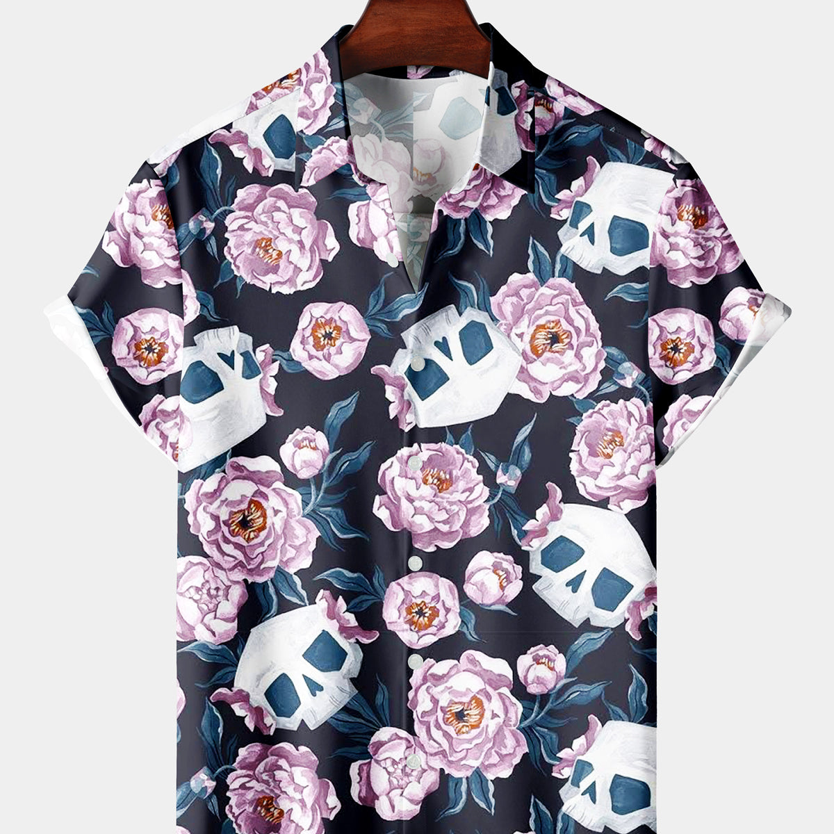 Men's Casual Navy Blue Pink Flower Skull Short Sleeve Shirt