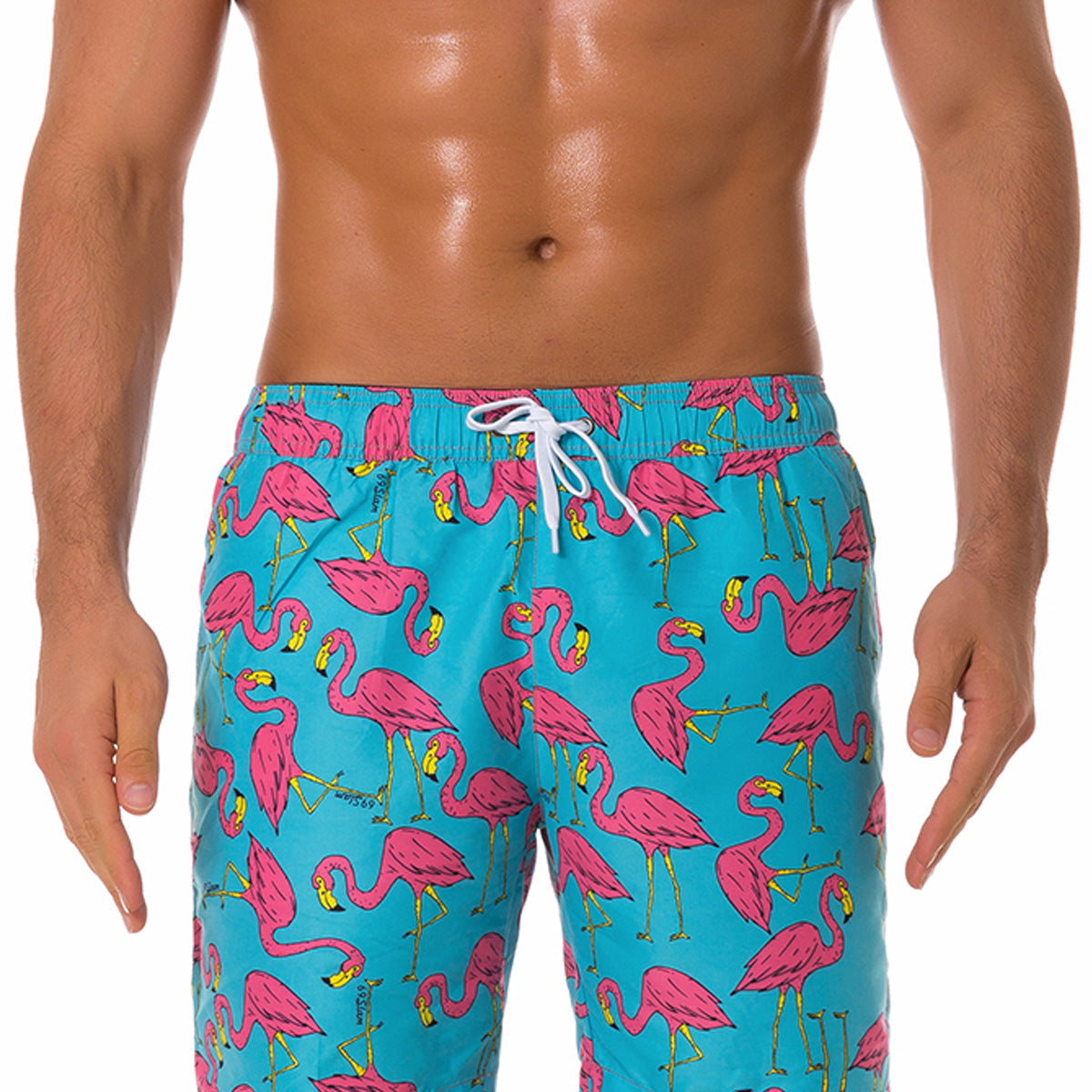 Men's Casual Summer Fun Flamingo Print Light Blue Beach Shorts Swimming Trunks