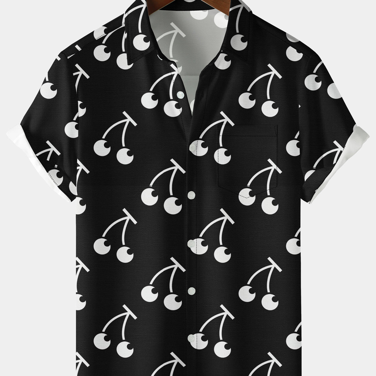 Men's Casual Cherry Print Chest Pocket Black Short Sleeve Shirt