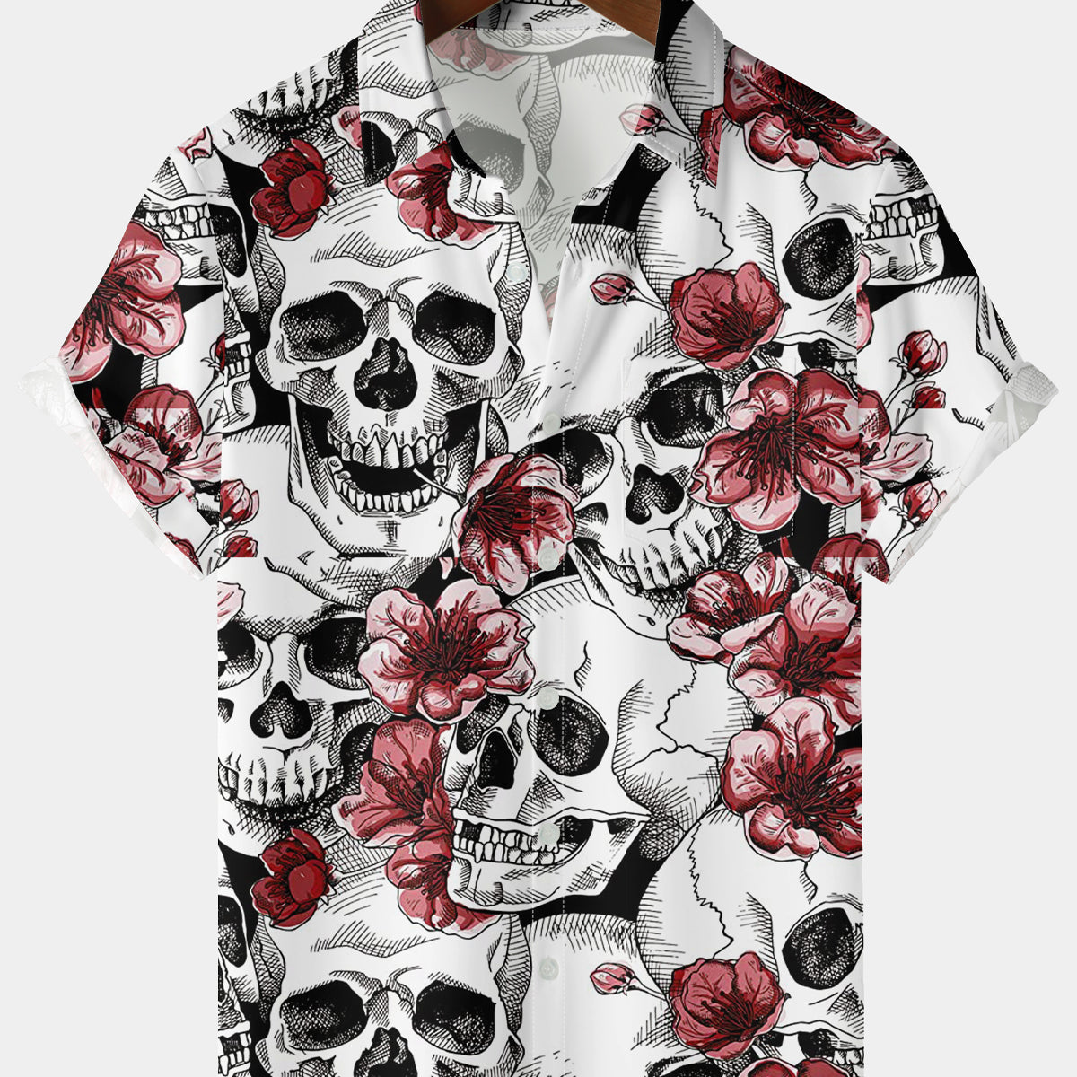 Men's Holiday Flower Skull Chest Pocket White Short Sleeve Shirt