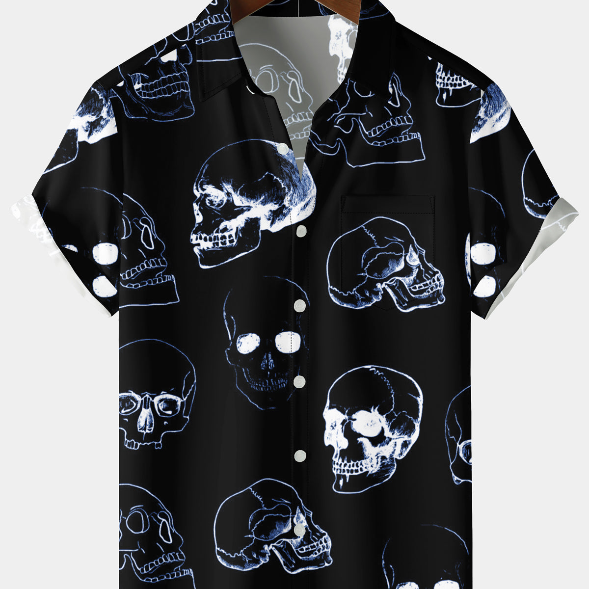 Men's Holiday Skull Chest Pocket Black Short Sleeve Shirt
