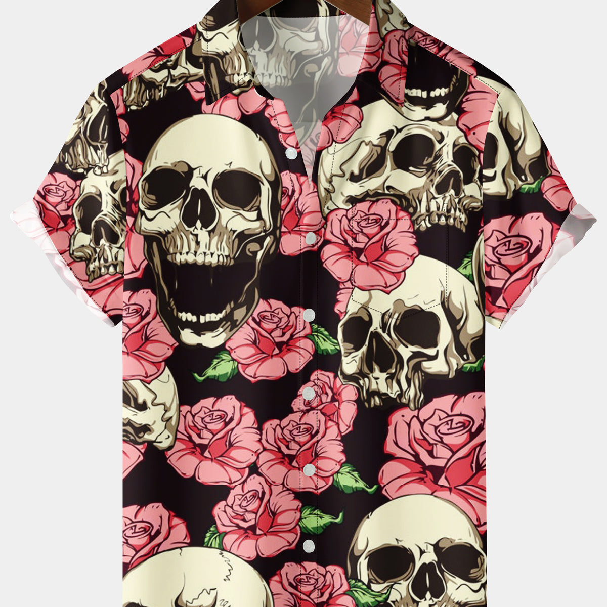 Men's Holiday Flower Skull Chest Pocket Black Short Sleeve Shirt
