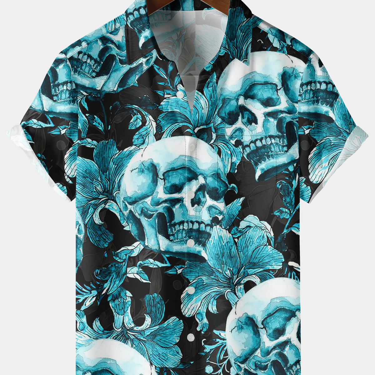 Men's Black Daily Casual Blue Print Skull Short Sleeve Shirt