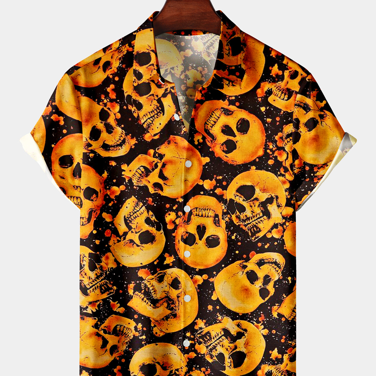 Men's Vacation Orange Skull Black Short Sleeve Shirt