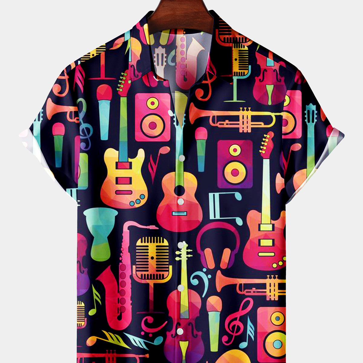 Men's Casual Colorful Musical Instrument Cartoon Short Sleeve Shirt