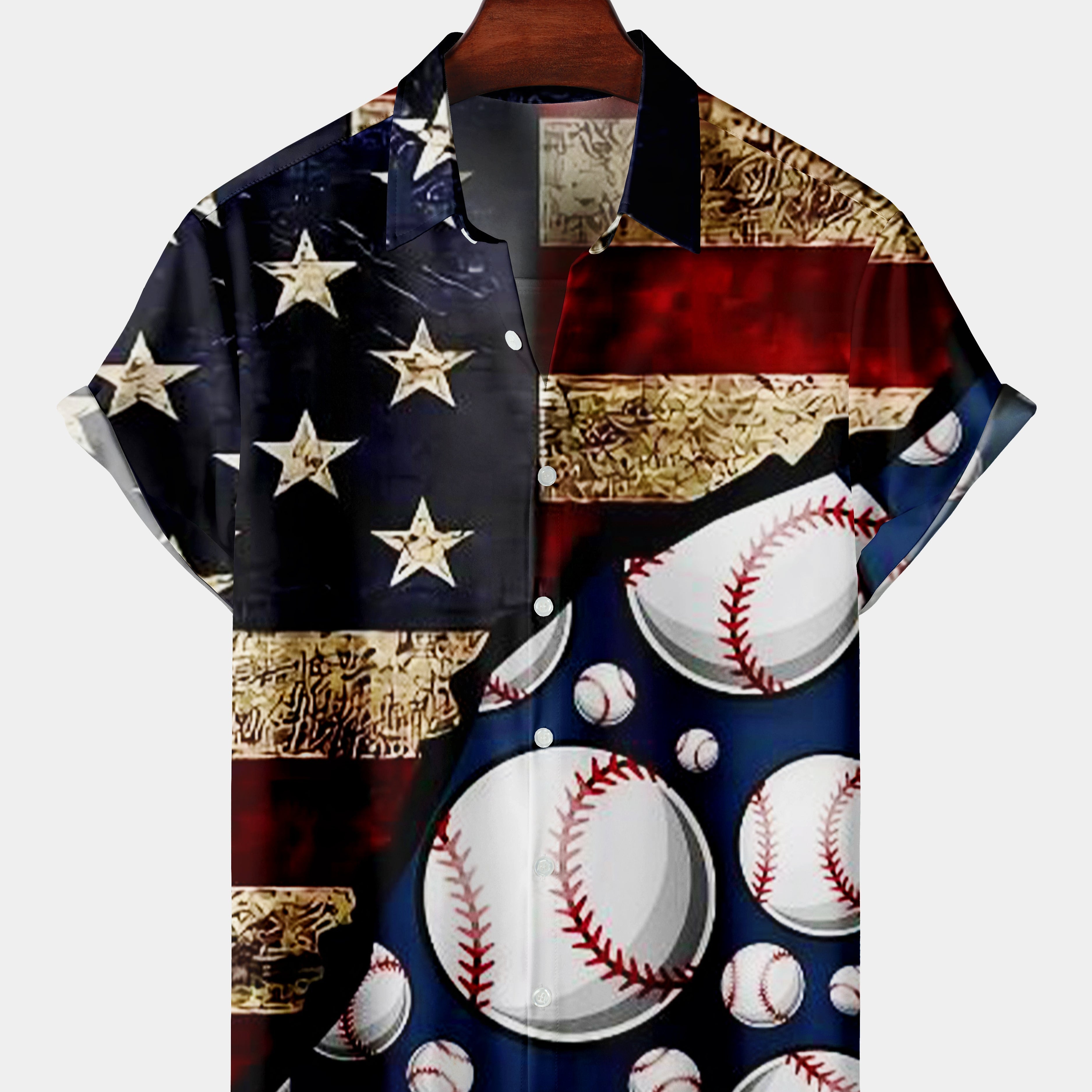 Men's  Retro Splicing Baseball  USA Flag Short Sleeve Shirt