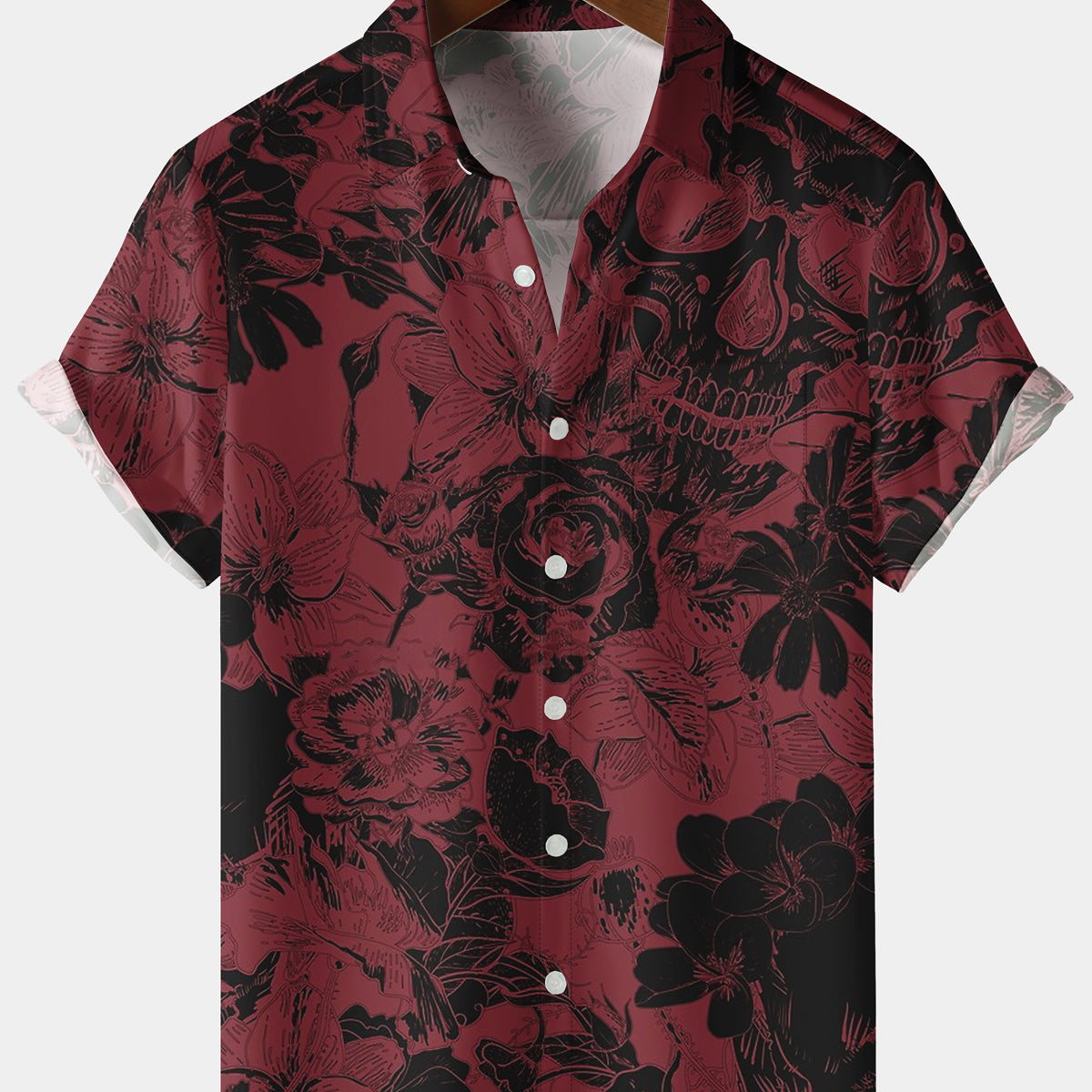 Men's Floral Skull Red Short Sleeve Shirt