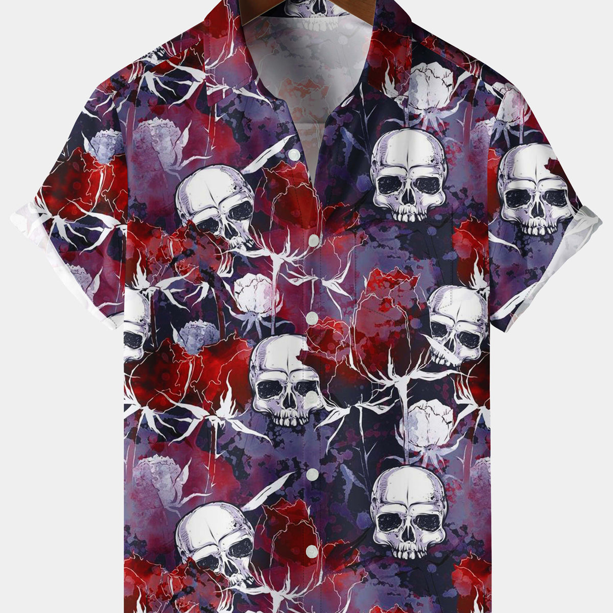 Men's Vacation Bloody Rose Skull Short Sleeve Shirt