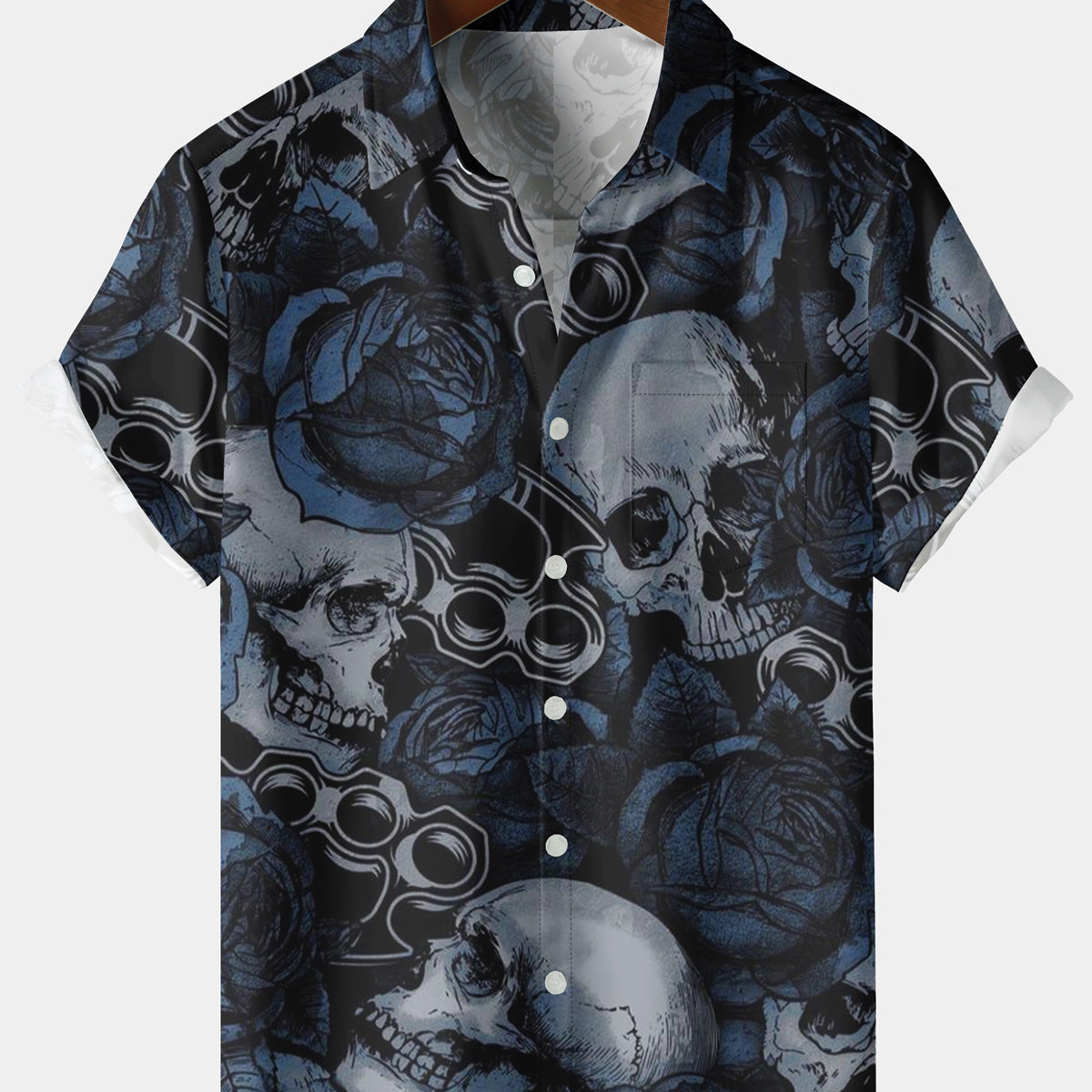 Men's Rose Skull Knuckle Navy Blue Short Sleeve Shirt