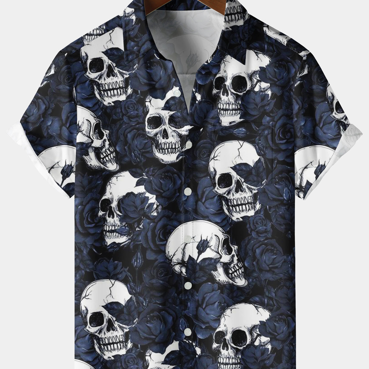 Men's Holiday Navy Blue Rose Skull Short Sleeve Shirt