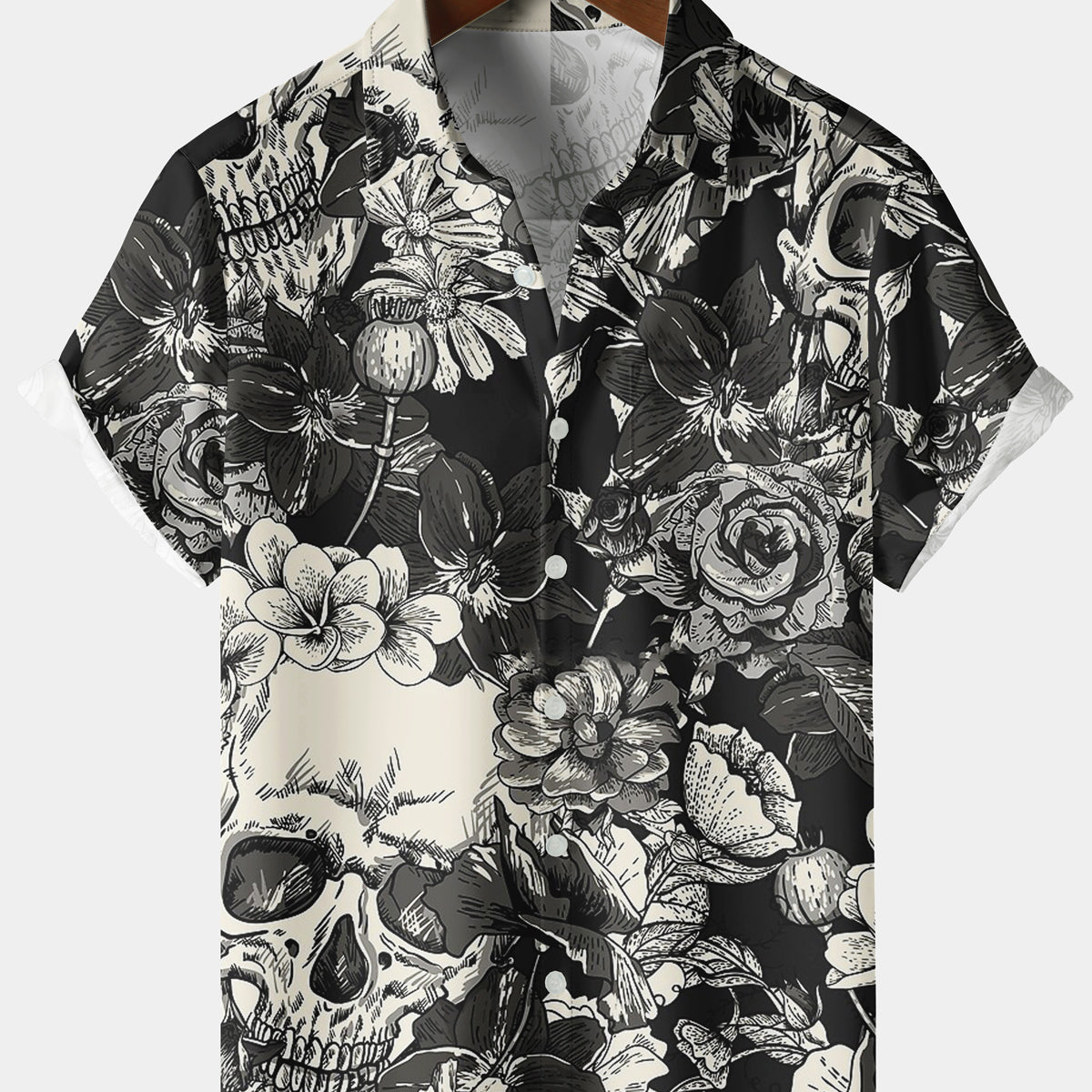 Men's Floral Skull Black Short Sleeve Shirt