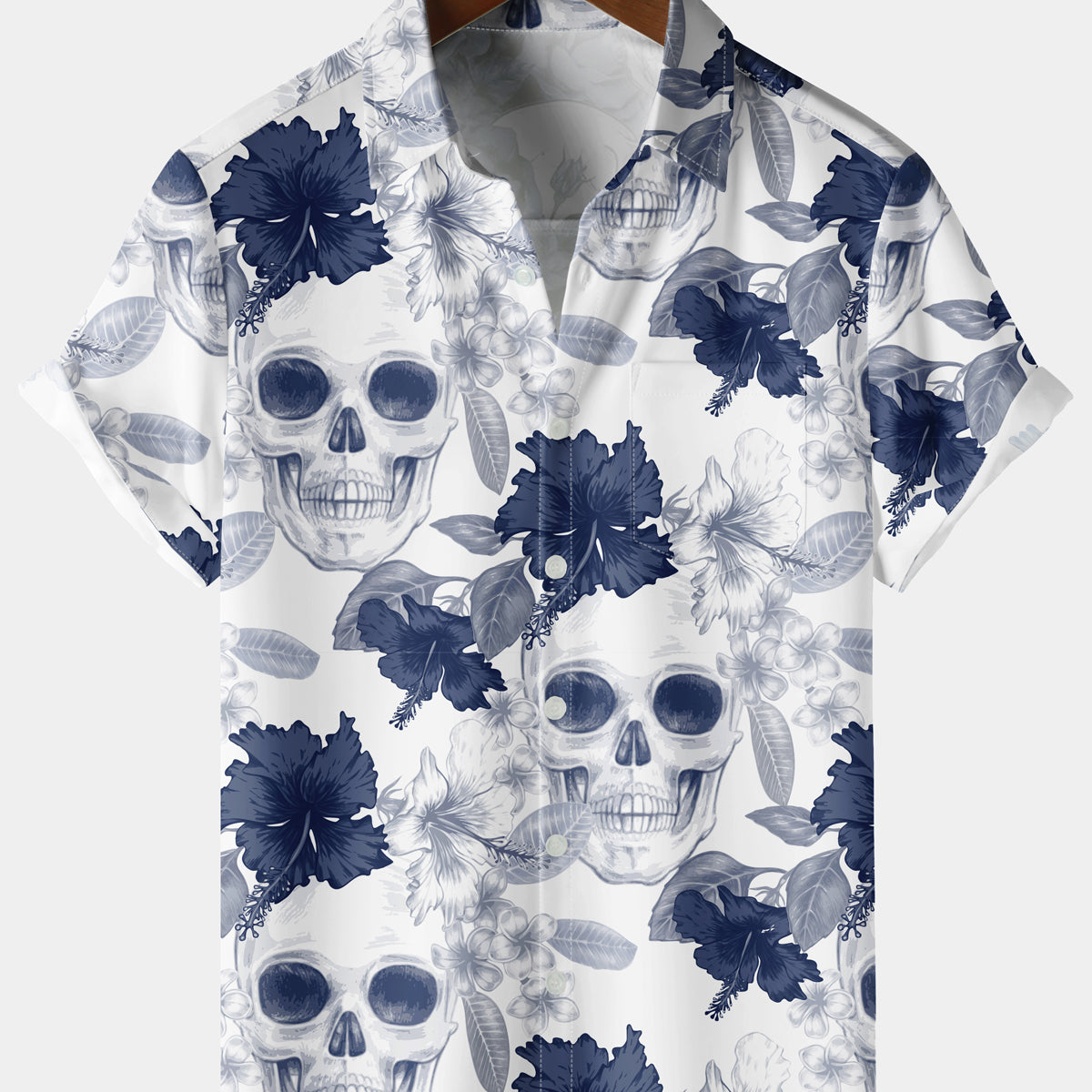 Men's Flowers and Leaves Skull Light Blue Short Sleeve Shirt