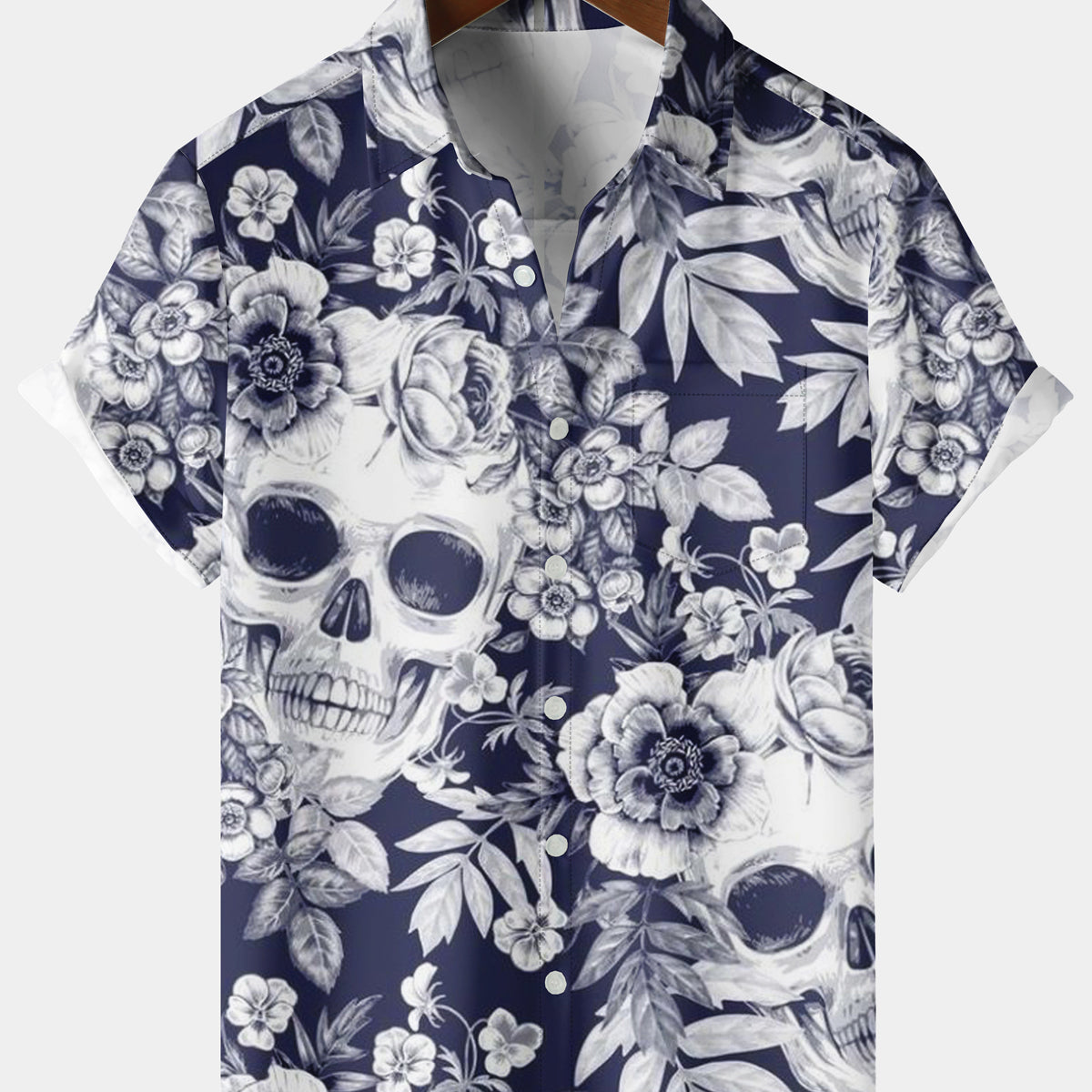 Men's Casual Flower Skull Short Sleeve Shirt