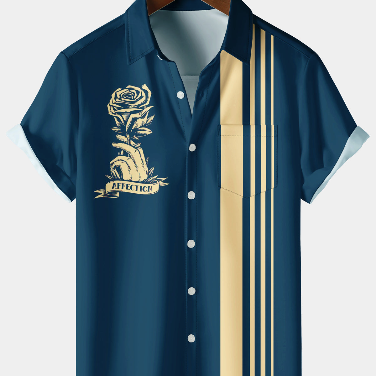 Men's Casual Skull Rose Stripe Chest Pocket Navy Blue Short Sleeve Shirt