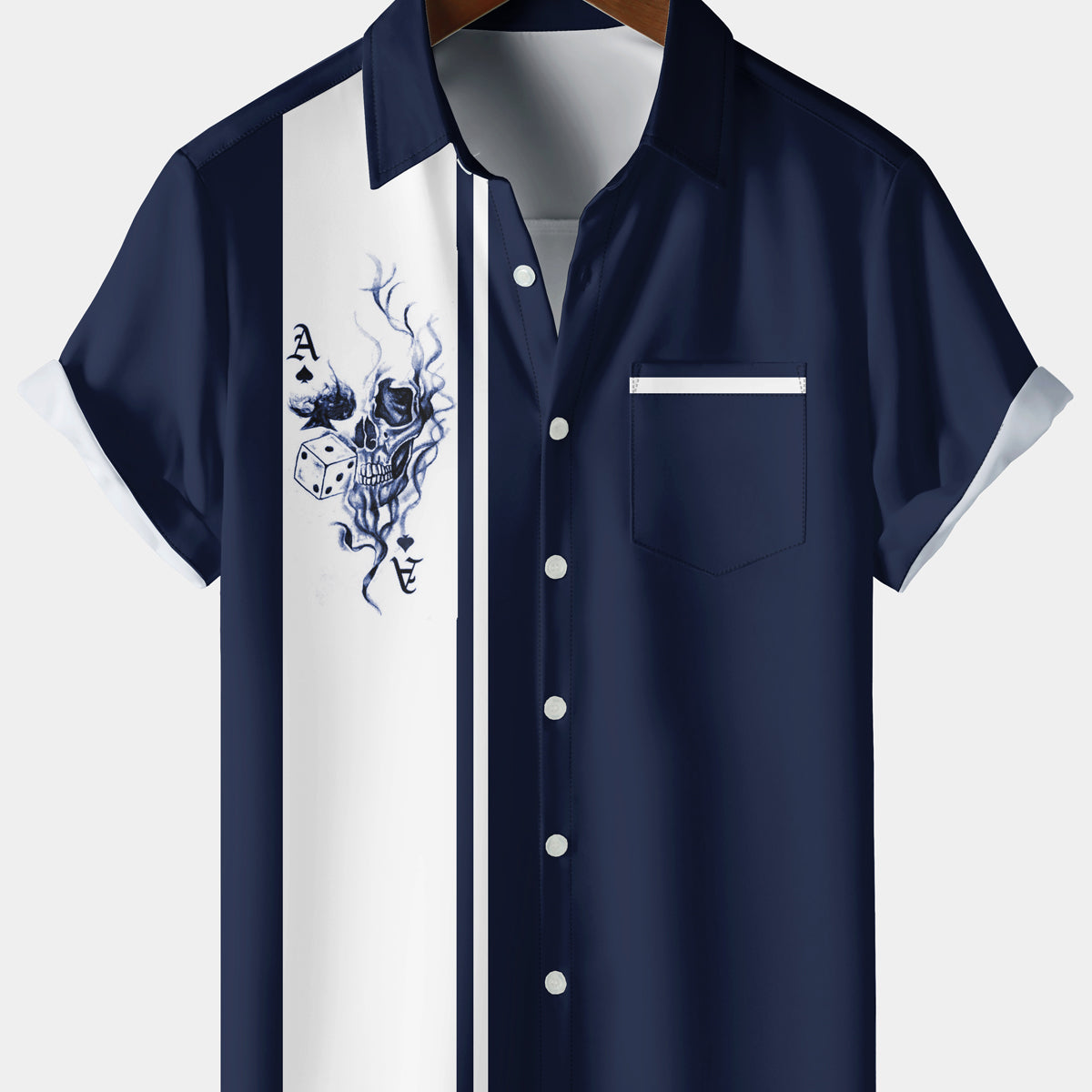 Men's Casual Skull Stripe Chest Pocket Navy Blue Short Sleeve Shirt