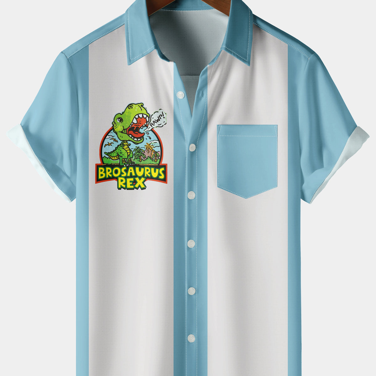 Men's Casual Tyrannosaurus Rex Stripe Chest Pocket Blue Short Sleeve Shirt