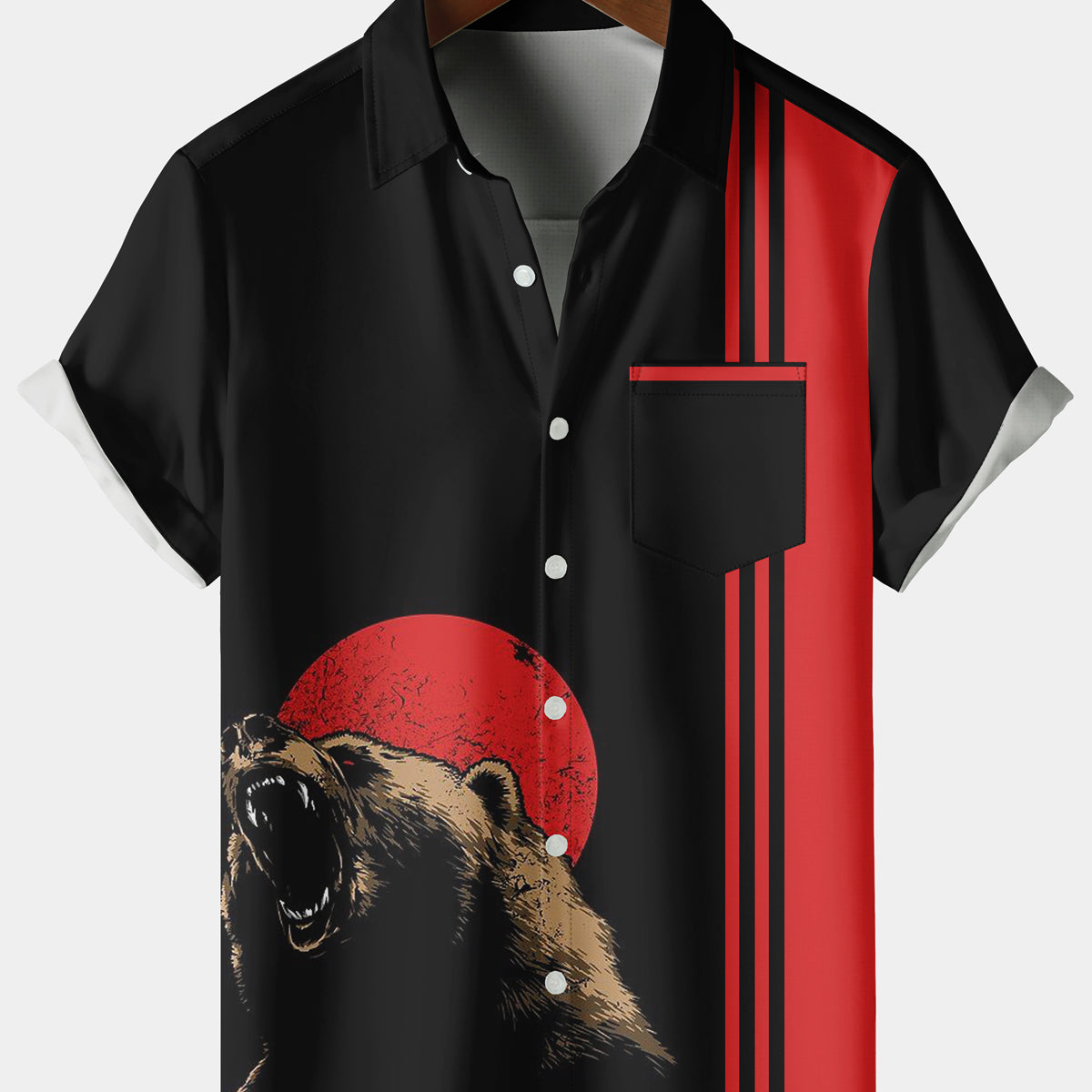 Men's Casual Grizzly Bear Stripe Chest Pocket Black Short Sleeve Shirt