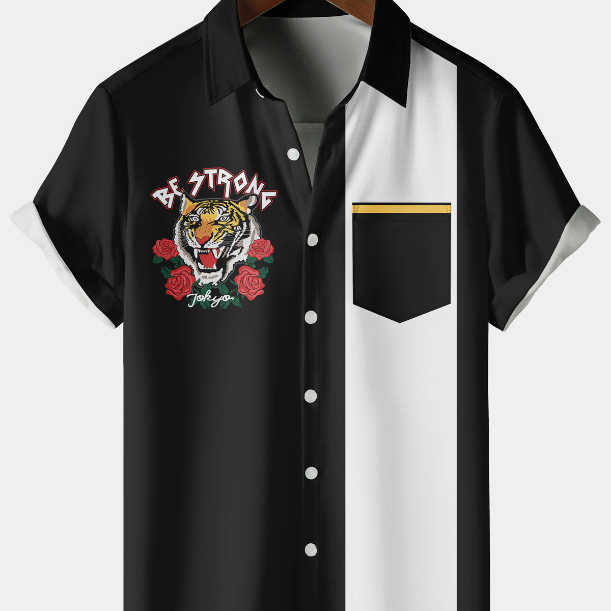 Men's Casual Tiger Head Stripe Chest Pocket Black Short Sleeve Shirt