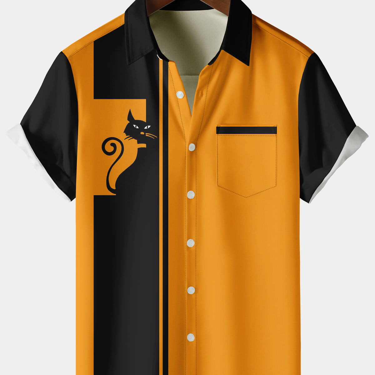 Men's Casual Cat Chest Stripe Pocket Orange Short Sleeve Shirt