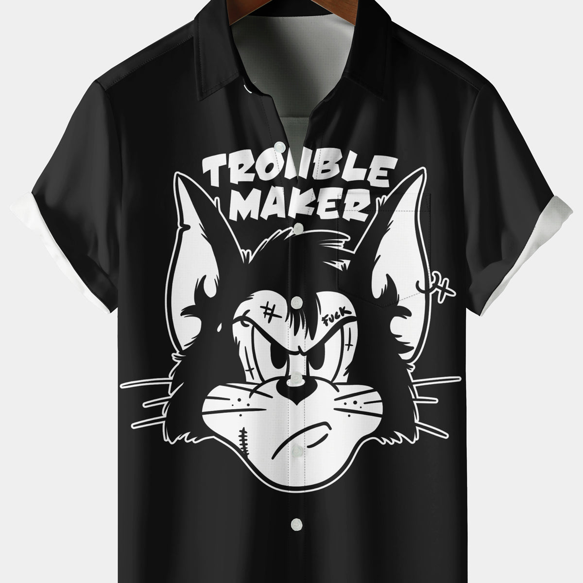Men's Casual Cat Chest Pocket Black Short Sleeve Shirt