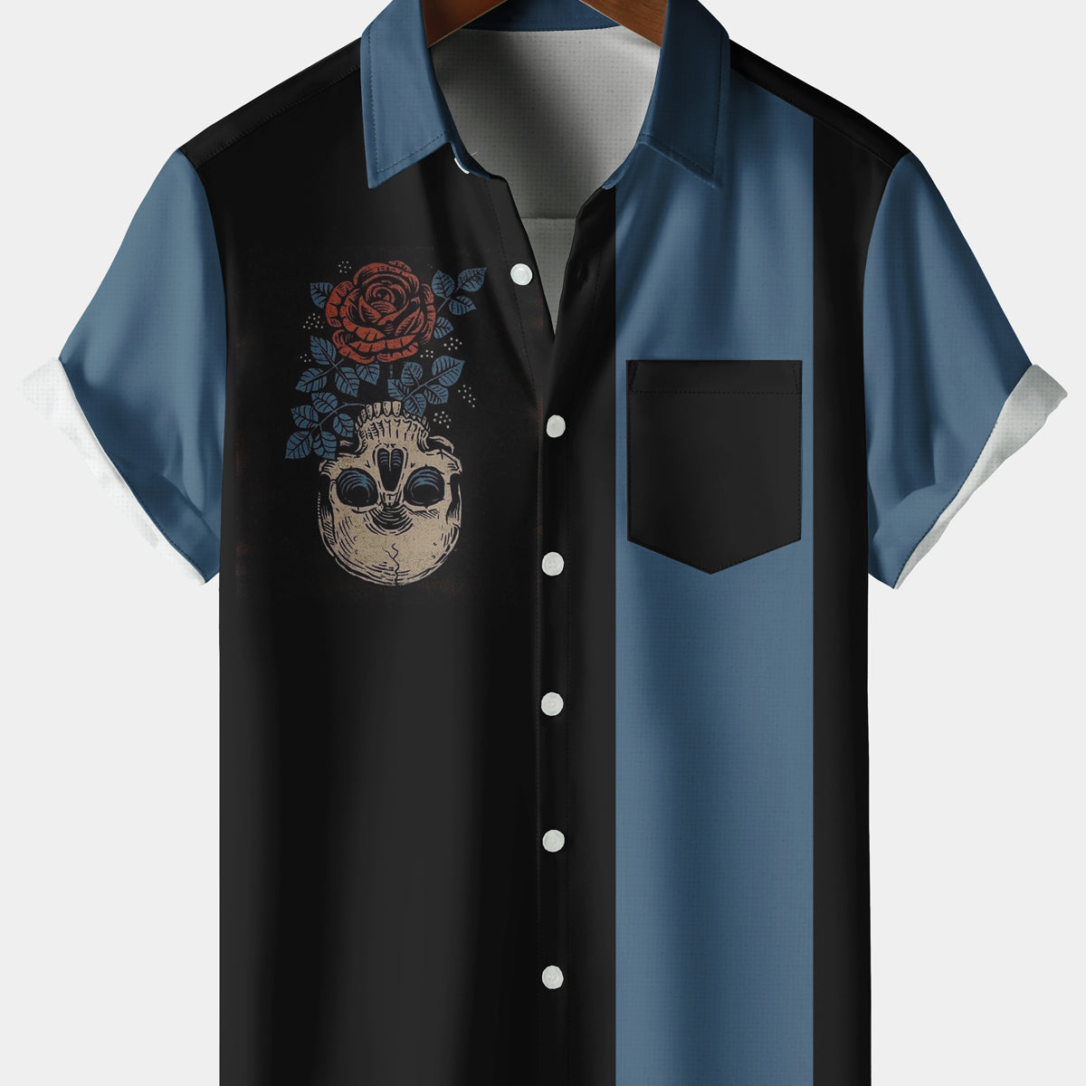 Men's Casual Skull Rose Stripe Chest Pocket Black Short Sleeve Shirt