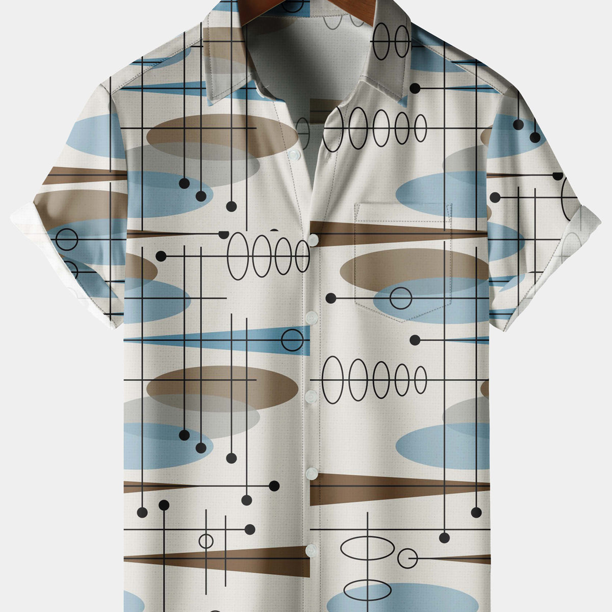 Men's Casual Geometry Stripe Chest Pocket Beige Short Sleeve Shirt