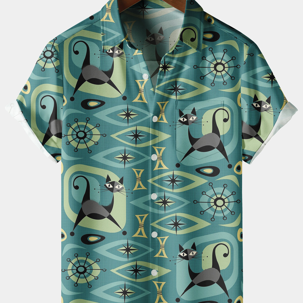 Men's Casual Cat Geometry Stripe Chest Pocket Light Green Short Sleeve Shirt