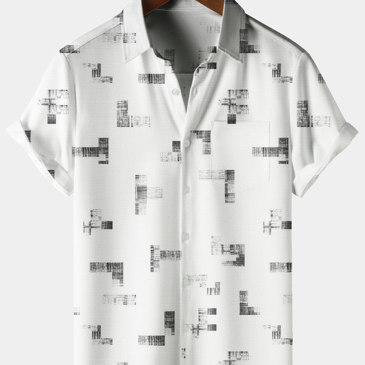 Men's Casual Geometry Stripe Chest Pocket White Short Sleeve Shirt