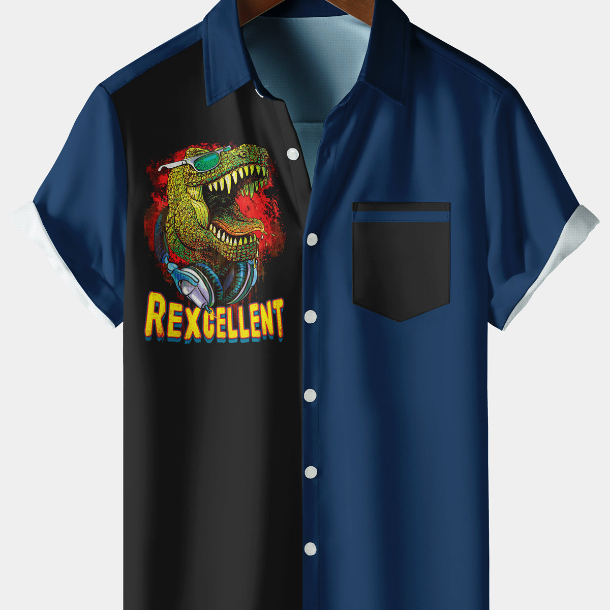 Men's Casual Tyrannosaurus Rex Chest Pocket Navy Blue Short Sleeve Shirt