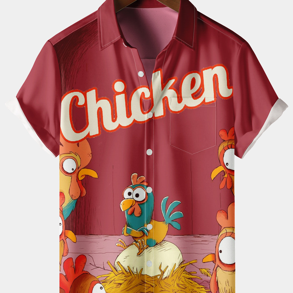 Men's Casual Chicken Chest Pocket Red Short Sleeve Shirt