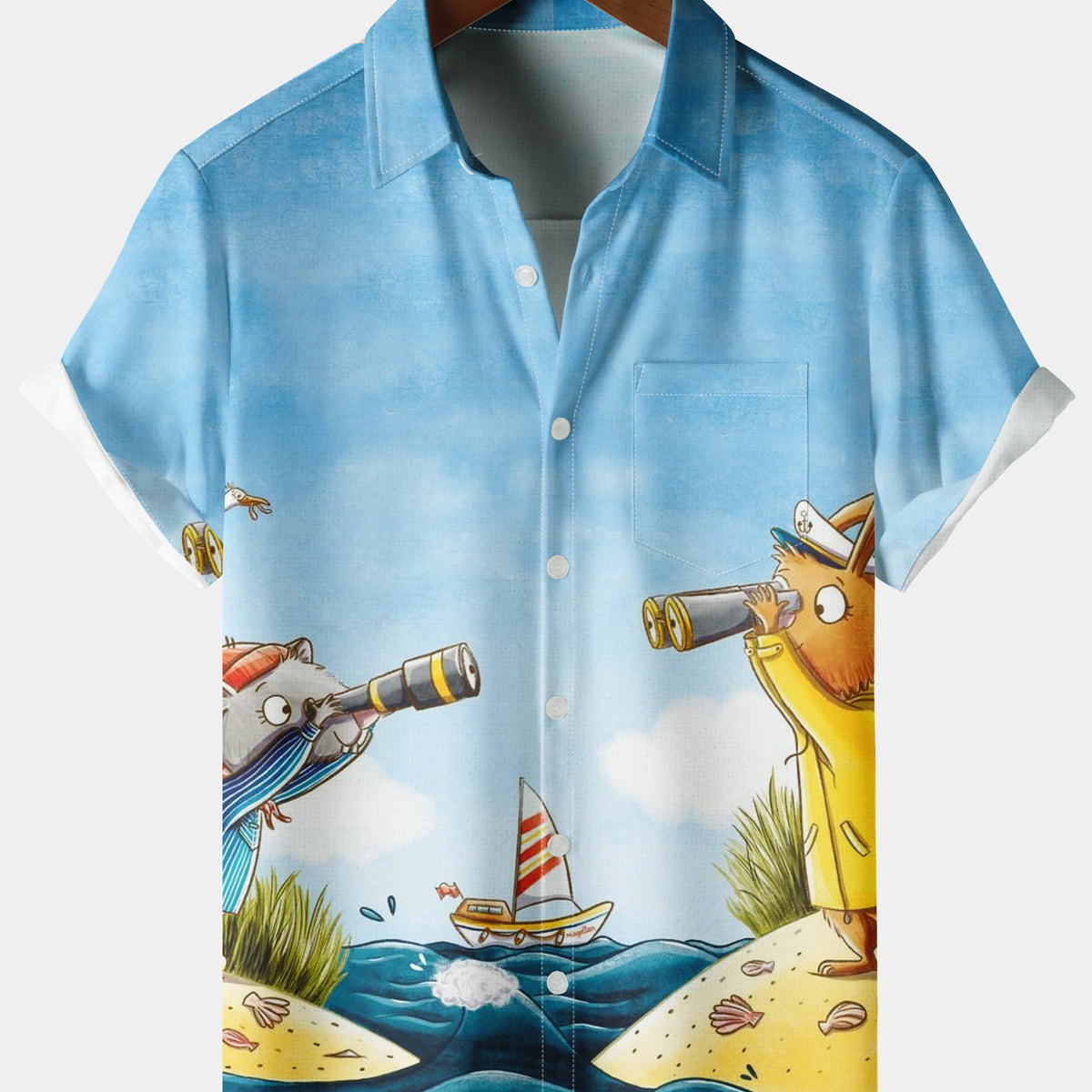 Men's Casual Animal Print Chest Pocket Light Blue Short Sleeve Shirt