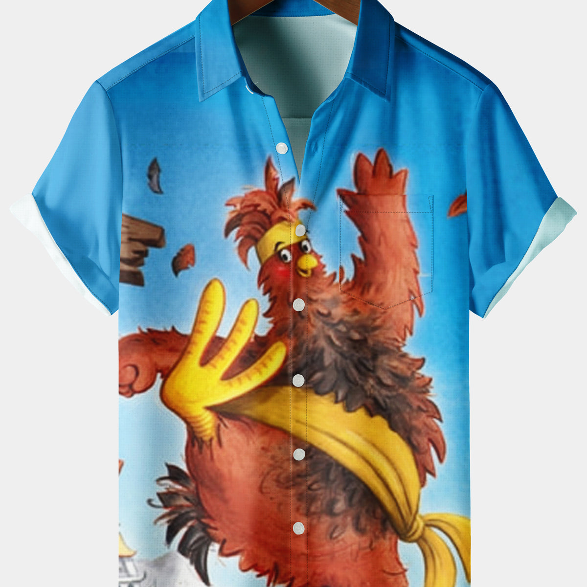 Men's Casual Rooster Chest Pocket Light Blue Short Sleeve Shirt