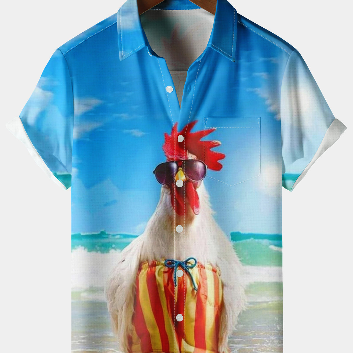 Men's Casual Chicken On Beach Chest Pocket Light Blue Short Sleeve Shirt