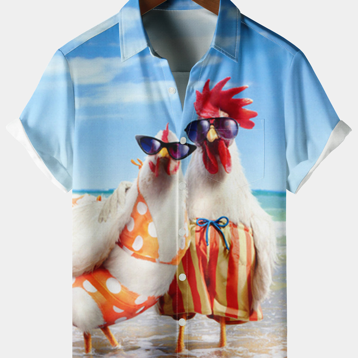 Men's Casual Chicken On Beach Chest Pocket Light Blue Short Sleeve Shirt